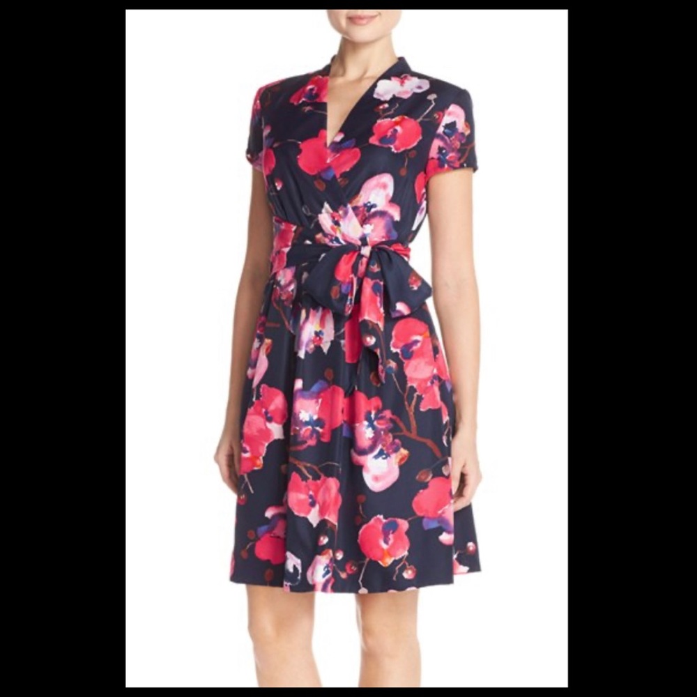 Navy faux wrap dress with pink orchid floral pattern